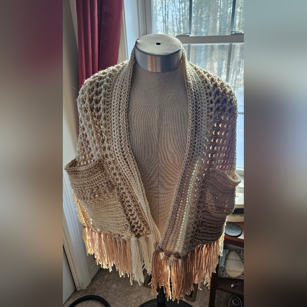 Beige and Brown Crochet Shawl with Pockets and Fringe